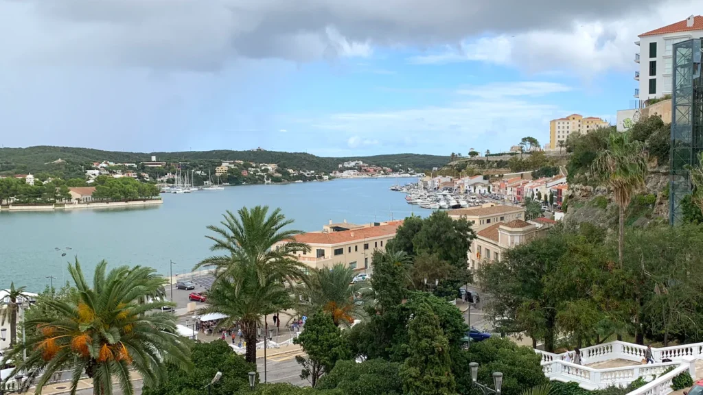 Panoramic view across Mahón harbour towards the waterfront